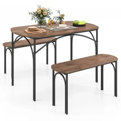 Costway Dining Set masa 3 parti bucatarie cu 2 banci grup de luat masa pentru 4 persoane Set masa bar pentru bucatarie