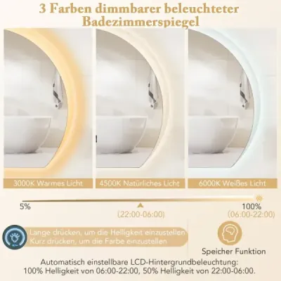 Costway Semi-runder Baia Oglinda cu 3 culori LED Lumini Dimmable Cosmetic Mirror