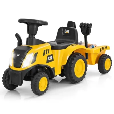 Costway Kids Sliding Tractor cu Remorcă detașabilă & Lamă de ajutor de rulare Vehicul Caterpillar Licentat