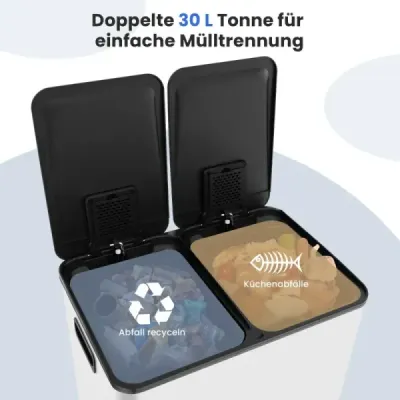 Costway Guleată de gunoi 2 compartimente 2 x 30L Bucătărie de deșeuri Tretmülleimer cu capac de închidere ușor alb