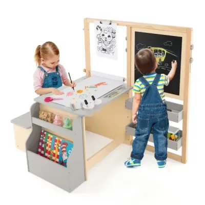 Costway 6 in 1 Kinder Staffelei Set Standboard din lemn cu tabla dubla gri deschis
