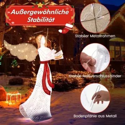 Costway Iluminat Crăciun înger cu Harp & 120 LED alb cald Lumini de Crăciun Decor