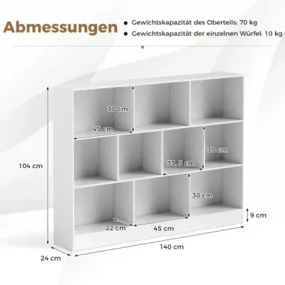 Costway 3 Straturi Bookcase cu 10 compartimente Stand raft Raft Dice Raft birou 140 x 24 x 104 cm Alb