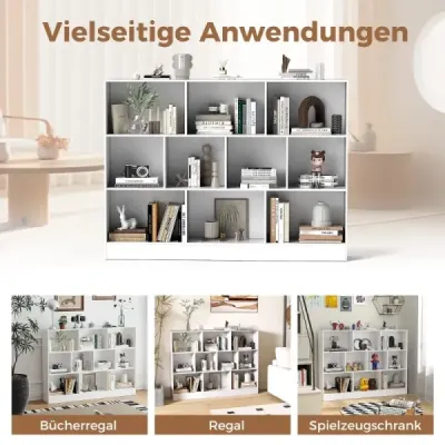 Costway 3 Straturi Bookcase cu 10 compartimente Stand raft Raft Dice Raft birou 140 x 24 x 104 cm Alb