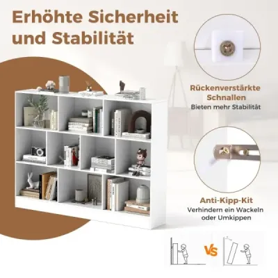 Costway 3 Straturi Bookcase cu 10 compartimente Stand raft Raft Dice Raft birou 140 x 24 x 104 cm Alb