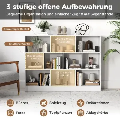 Costway 3 Straturi Bookcase cu 10 compartimente Stand raft Raft Dice Raft birou 140 x 24 x 104 cm Alb