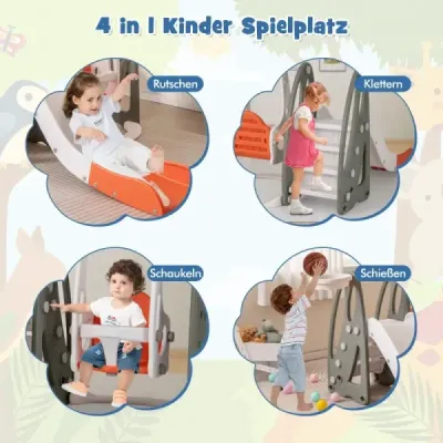 Leagăn pentru copii Costway cu diapozitiv pliabil 4 în 1 leagăn & slide & baschet & scara Orange