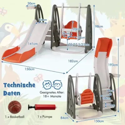 Leagăn pentru copii Costway cu diapozitiv pliabil 4 în 1 leagăn & slide & baschet & scara Orange