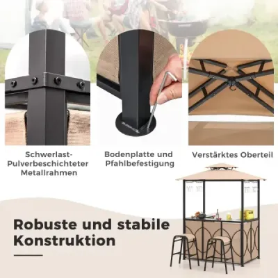Bartisch mit 2 Barhocker Gartenbar Set mit Metallregalen & Glashalter Grillpavillon mit Doppeldach Braun
