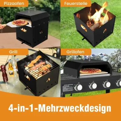 Prenosná viacúčelová pec na pizzu 4 v 1 s krytom a 2 vrstvami čierna
