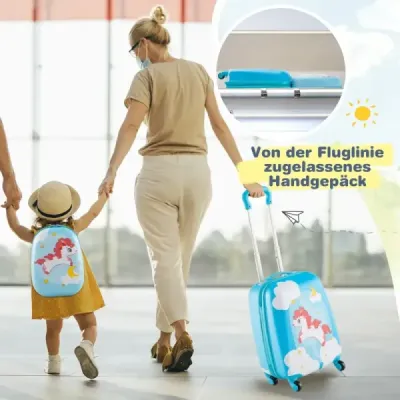2-dielny detský kufor + plastový batoh detský vozík detská batožina 12"+16" modrý kôň