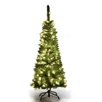 Costway 135cm pom de Craciun ingust cu LED-uri alb cald lumini brad artificial verde