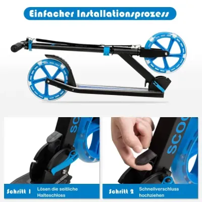 Costway Scooter Role pliabil Tretroller înălțime reglabil 100 kg de încărcare Power Kickroller cu 2 roți LED albastru