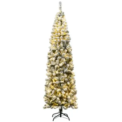 Costway Crăciun copac 225 cm Creion Crăciun copac cu zăpadă şi 350 alb cald LED-uri Lumini