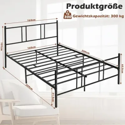 Cadru de pat din platforma metalica cu partea capului si picior 200 x 160 cm Negru