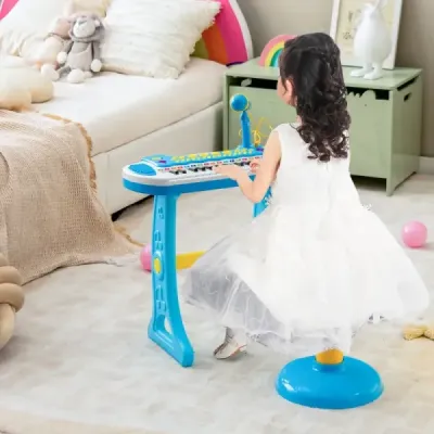 Costway Electronics 31 Buttons Kids Keyboard cu Stool & Microphone pentru copii de la 3 ani albastru