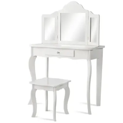Costway Machiaj și Stool Set pentru copii drăguț cu sertar oglindă 70 x 34 x 103 cm alb