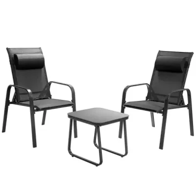 Costway 3 părți terasă mobilier set de sticlă tare masă de cafea și 2 scaune stivuite negru
