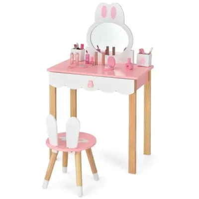 Costway Kids Machiaj tabel cu scaun Printesa Make upmode 60 x 34 x 103 cm roz + Alb
