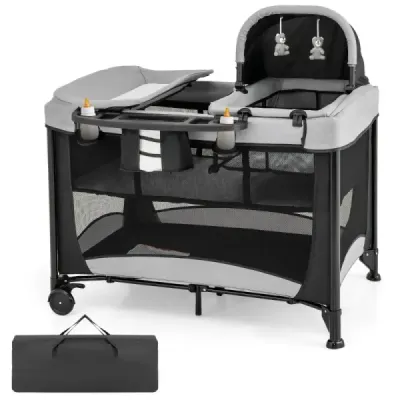 Costway Portabil 5-in-1 pat pentru copii cu pat de călătorie & leagăn & masa de funcționare & schimbare negru + gri