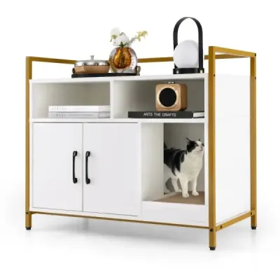 Costway pisica caz de toaletă cu uși duble & zero bază 89 x 45 x 74,5 cm alb
