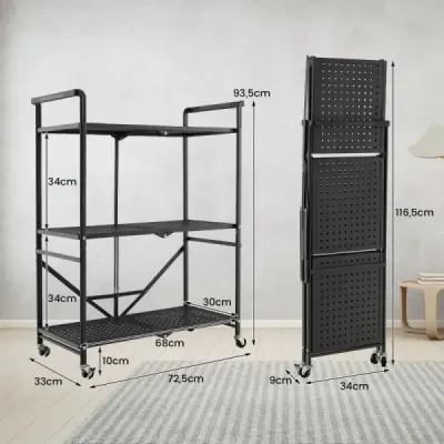 Costway pliabil Servire coș cu 4 role 3 podea metal Rack pentru bucătărie birou negru