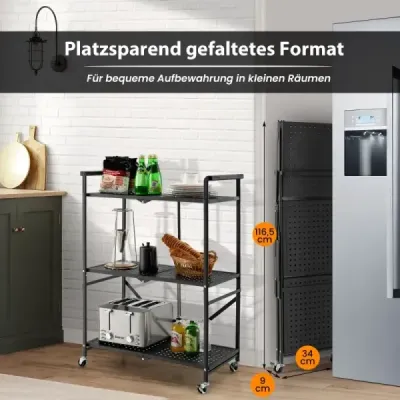Costway pliabil Servire coș cu 4 role 3 podea metal Rack pentru bucătărie birou negru