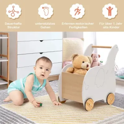 Costway 2 in 1 elefant forma de caruta cu role din lemn cu cutie mare de jucarii