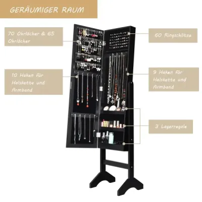 Costway Freestanding dulap bijuterii cu întreg corpul oglindă raft bijuterii 35,5 × 33 × 153 cm negru
