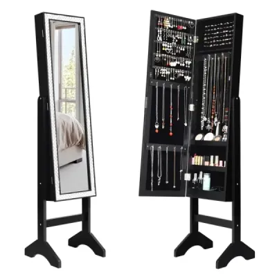 Costway Freestanding dulap bijuterii cu întreg corpul oglindă raft bijuterii 35,5 × 33 × 153 cm negru