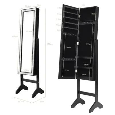 Costway Freestanding dulap bijuterii cu întreg corpul oglindă raft bijuterii 35,5 × 33 × 153 cm negru