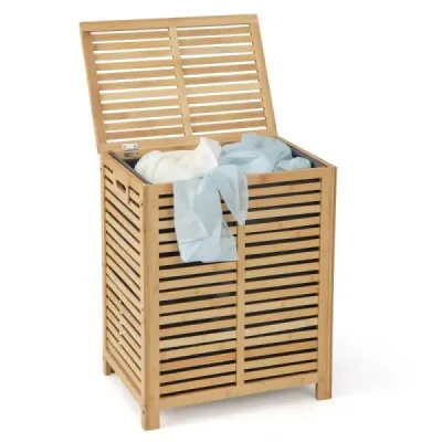 Costway 80L Cos de rufe cu capac & sac de rufe detașabile Bambus colector de rufe
