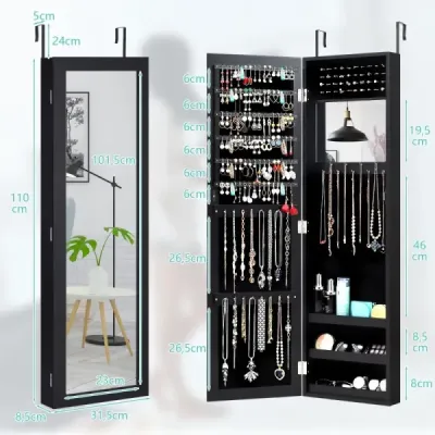 Cabinet de bijuterii Costway cu oglinda corp complet 31.5 x 8.5 x 110 cm Negru