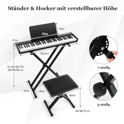 Costway Portable Electronic Keyboard cu 61 Keys & Stands & Stool Electric Piano Digital Keyboard