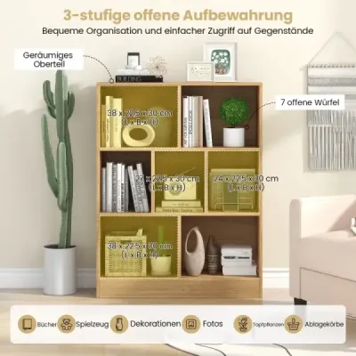 Costway Bookcase cu 7 compartimente Stand raft cu 3 niveluri Raft Dice Raft birou 80 x 24 x 104 cm Natura