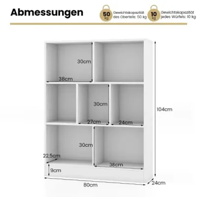 Costway Bookcase cu 7 compartimente Stand raft cu 3 niveluri Raft Dice Raft birou 80 x 24 x 104 cm Alb