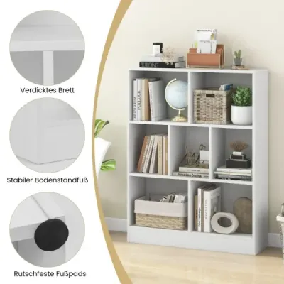 Costway Bookcase cu 7 compartimente Stand raft cu 3 niveluri Raft Dice Raft birou 80 x 24 x 104 cm Alb