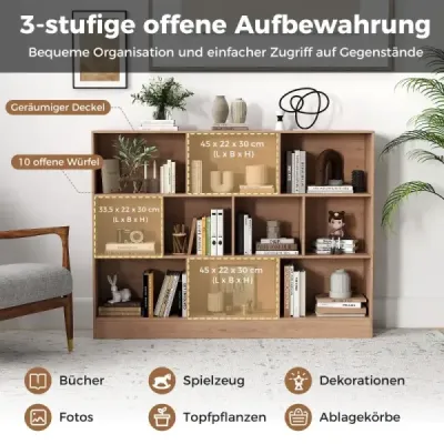 Costway Bookcase cu 10 compartimente Stand raft cu 3 niveluri Raft Dice Raft birou 140 x 24 x 104 cm Natura