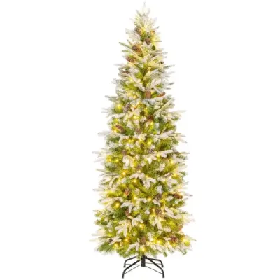 Costway 190 cm Brad artificial de Craciun cu Iluminat si Snow Art Arbore de Craciun pentru casa verde + alb