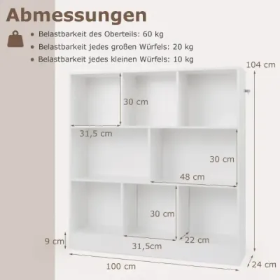 Costway Bookcase cu 8 compartimente Stand raft cu 3 niveluri Raft Dice raft birou Raft de depozitare 100 x 24 x 104 cm Alb