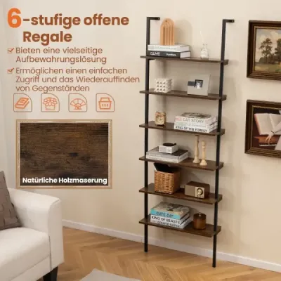 Costway 6 etaje scară rafturi perete montat raft cu cadru metalic Rustic Brown
