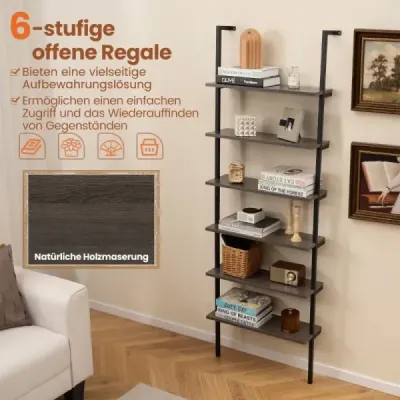 Costway 6 etaje raft perete montat bibliotecă cu cadru metalic Rustic Grey