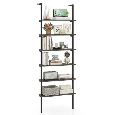 Costway 6 etaje raft perete montat bibliotecă cu cadru metalic Rustic Grey