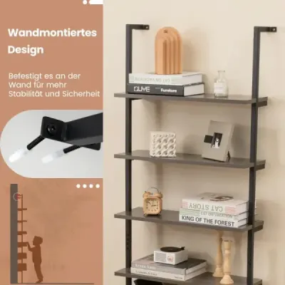 Costway 6 etaje raft perete montat bibliotecă cu cadru metalic Rustic Grey