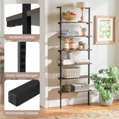 Costway 6 etaje raft perete montat bibliotecă cu cadru metalic Rustic Grey