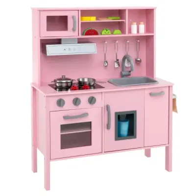 Costway Copii joc Set de bucătărie lemn Joaca bucatarie cu microunde 72 x 30 x 90 cm roz