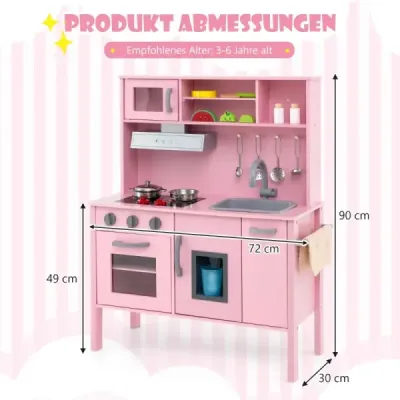 Costway Copii joc Set de bucătărie lemn Joaca bucatarie cu microunde 72 x 30 x 90 cm roz