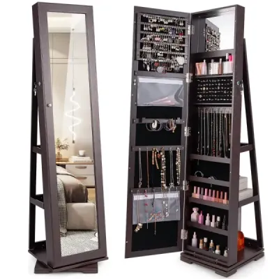 Cabinet de bijuterii Costway cu tot corpul oglindă & built-in machiaj oglindă de cafea