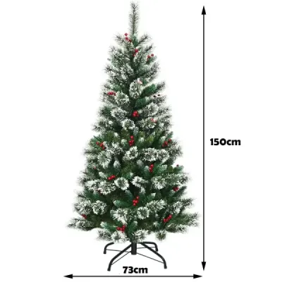 Costway 150 cm Brad artificial de Craciun cu fulgi de zapada fructe de padure rosii si pin verde