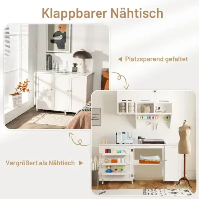 Costway Foldable Masă de cusut Cabinet de cusut Versatile Bastel tabel 158 x 50 x 75 cm Alb